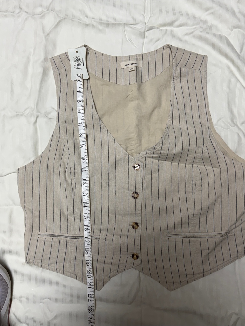 Lucky Brand Beige with Blue Pinstripe Linen Blend Vest - Picture 5 of 6